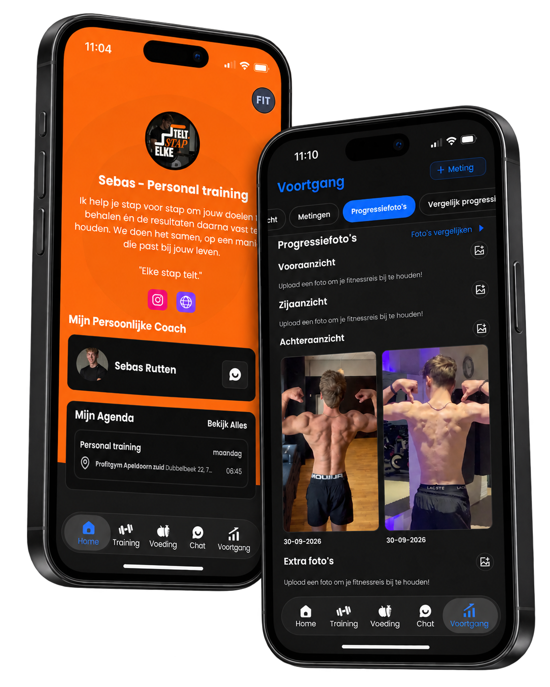 De coaching-app van Sebas op twee telefoons: persoonlijke coach, agenda en voortgang met progressiefoto’s